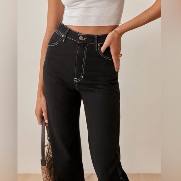 Reformation Pamela Ultra High Rise Black and White Straight Leg Jeans Size 25 - Picture 3 of 13